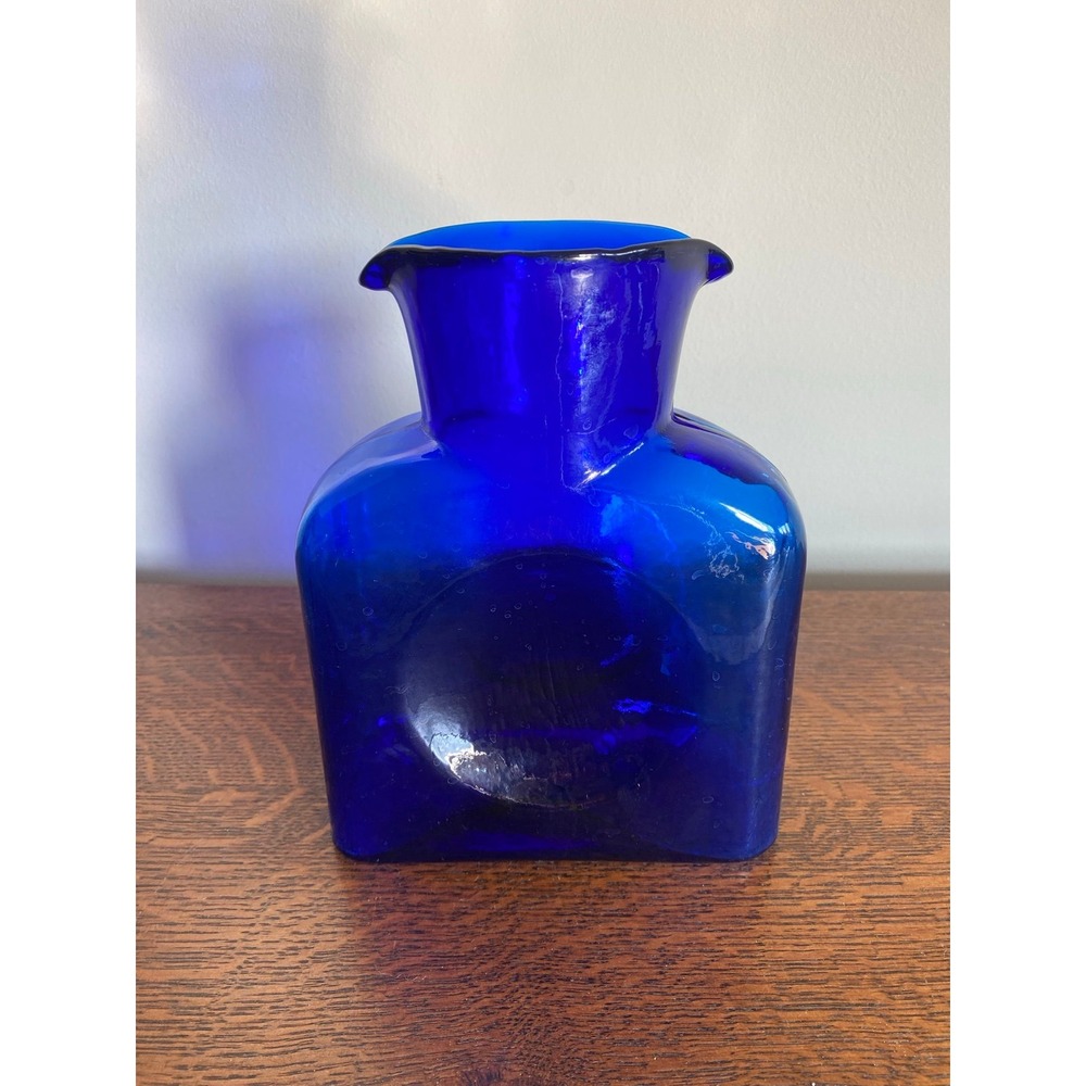 Vintage Blenko Colbalt Blue Glass Double Spout Pitcher Carafe Vase D6